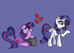 Size: 1500x1080 | Tagged: safe, artist:sadtrooper, imported from derpibooru, rarity, twilight sparkle, pony, unicorn, atg 2020, female, heart, heart tail, lesbian, newbie artist training grounds, rarilight, shipping, sitting, unicorn twilight