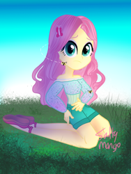 Size: 1536x2048 | Tagged: safe, artist:saltymango, imported from derpibooru, fluttershy, equestria girls, alternate clothes, alternate hairstyle, bumblebee, clothes, concerned, cute, female, looking at you, shorts, shyabetes, solo