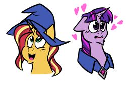 Size: 1280x925 | Tagged: safe, artist:mlprarepairartsies, imported from derpibooru, sunset shimmer, twilight sparkle, pony, unicorn, alternate universe, female, hat, heart, lesbian, mirror universe, shipping, sunsetsparkle