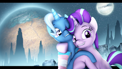 Size: 3840x2160 | Tagged: safe, artist:wintergleam, imported from derpibooru, starlight glimmer, trixie, pony, unicorn, 3d, cute, female, females only, happy, headcanon, hug, lgbt headcanon, planet, pride, pride flag, sexuality headcanon, smiling, source filmmaker, space, trans female, trans girl, trans trixie, transgender, wrong eye color