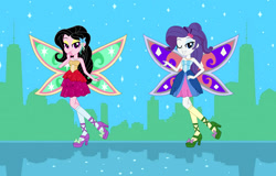 Size: 1176x753 | Tagged: safe, artist:karalovely, artist:selenaede, imported from derpibooru, rarity, oc, oc:kara lovely, fairy, human, equestria girls, alternate hairstyle, barbie, barbie a fairy secret, barbie: a fairy secret, bare shoulders, barely eqg related, base used, clothes, crossover, dress, fairies, fairies are magic, fairy wings, fairyized, hairpin, hairstyle, high heels, jewelry, necklace, shoes, sleeveless, socks, stockings, strapless, thigh highs, wings