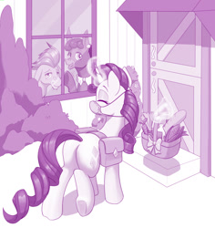 Size: 1280x1354 | Tagged: safe, artist:dstears, imported from derpibooru, cranky doodle donkey, matilda, rarity, donkey, pony, unicorn, bag, basket, butt, coronavirus, covid-19, digital art, eyes closed, face mask, female, food, groceries, levitation, magic, mare, mask, plot, saddle bag, smiling, telekinesis, waving