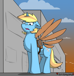 Size: 748x770 | Tagged: safe, artist:skydreams, imported from derpibooru, oc, oc only, oc:skydreams, pony, unicorn, artificial wings, augmented, building, cloud, disgusted, female, glare, looking at you, mare, solo, sunset, wings