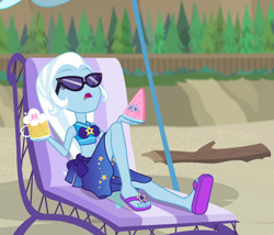 Size: 1260x1080 | Tagged: safe, derpibooru exclusive, edit, edited screencap, editor:katy木土, imported from derpibooru, screencap, trixie, human, equestria girls, equestria girls series, forgotten friendship, beach, beach chair, chair, clothes, cropped, feet, female, flip-flops, sarong, solo, sunglasses, swimsuit