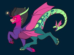 Size: 1024x768 | Tagged: safe, artist:loryska, imported from derpibooru, oc, oc only, draconequus, blue background, draconequus oc, fangs, green background, offspring, parent:cosmos, parent:discord, parents:coscord, simple background, solo