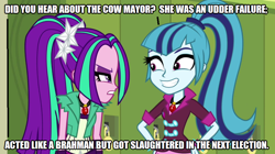 Size: 896x500 | Tagged: safe, edit, edited screencap, imported from derpibooru, screencap, aria blaze, sonata dusk, equestria girls, rainbow rocks, india, joke, politics, pun