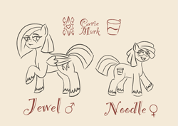 Size: 1695x1202 | Tagged: safe, artist:ezralight, imported from derpibooru, oc, oc only, oc:jewel, oc:noodle, earth pony, pegasus, reference sheet, twins