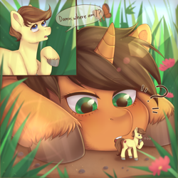 Size: 3000x3000 | Tagged: safe, artist:beer_cock, imported from derpibooru, oc, oc only, oc:amber shine, oc:falki, oc:tomson, butterfly, earth pony, pony, unicorn, amson, micro, smol, tiny, tiny ponies, unaware