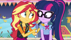 Size: 1920x1080 | Tagged: safe, imported from derpibooru, screencap, sci-twi, sunset shimmer, twilight sparkle, equestria girls, equestria girls series, rollercoaster of friendship, duo, duo female, female, geode of empathy, geode of telekinesis, magical geodes, ticket, tickets