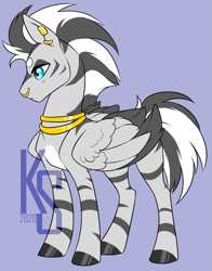 Size: 845x1080 | Tagged: safe, artist:dementra369, imported from derpibooru, oc, oc only, hybrid, pegasus, pony, zebra, zebrasus, zebroid, ear piercing, earring, jewelry, neck rings, pale belly, piercing, septum, solo