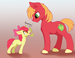 Size: 1725x1346 | Tagged: safe, artist:wbp, derpibooru exclusive, imported from derpibooru, apple bloom, big macintosh, earth pony, pony, adorabloom, boop, brother and sister, colored hooves, cute, dialogue, duo, ear fluff, female, filly, floppy ears, freckles, gradient background, macabetes, male, shadow, siblings, simple background, stallion, waving