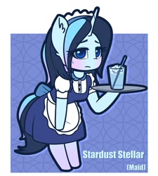 Size: 1322x1466 | Tagged: safe, artist:puetsua, imported from derpibooru, oc, oc only, oc:stardust stellar, anthro, unguligrade anthro, unicorn, blushing, chibi, clothes, female, glass, holding, lidded eyes, looking at you, maid, mare, solo, tray