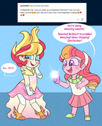 Size: 1000x1240 | Tagged: safe, artist:honeycrisp-tales, imported from derpibooru, oc, oc:honeycrisp blossom, oc:ma belle danseuse, honeycrisp tales, equestria girls, cellphone, clothes, cosplay, costume, dress, dressup, duo, offspring, parent:big macintosh, parent:moondancer, parent:prince blueblood, parent:princess cadance, parents:cadmac, parents:moonblood, phone, smartphone, starry eyes, wingding eyes