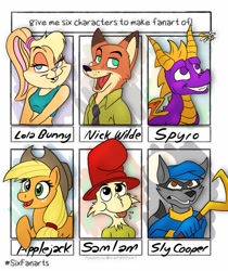 Size: 869x1036 | Tagged: safe, artist:blakethefox, imported from derpibooru, applejack, anthro, dragon, earth pony, pony, rabbit, raccoon, six fanarts, :p, animal, anthro with ponies, bedroom eyes, bust, clothes, crossover, female, freckles, green eggs and ham, hat, lola bunny, male, mare, necktie, nick wilde, open mouth, sly cooper, smiling, spyro the dragon, spyro the dragon (series), tongue out, top hat, zootopia