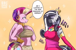 Size: 3260x2121 | Tagged: safe, artist:traupa, imported from derpibooru, princess cadance, zecora, alicorn, anthro, zebra, alternate hairstyle, belly button, big breasts, bracelet, breasts, busty princess cadance, busty zecora, clothes swap, crown, duo, ear piercing, earring, eyes closed, female, japanese, jewelry, mane swap, open mouth, piercing, regalia, simple background, speech bubble, style change, sudden style change, yellow background