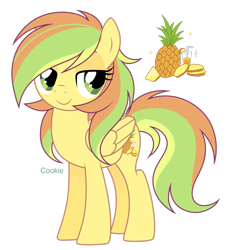 Size: 2340x2563 | Tagged: safe, artist:lazuli, artist:mint-light, imported from derpibooru, oc, oc only, oc:alex, pegasus, pony, food, pegasus oc, pineapple, reference sheet, simple background, smiling, solo, transparent background, wings