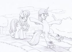 Size: 1024x736 | Tagged: safe, artist:xeviousgreenii, imported from derpibooru, bon bon, lyra heartstrings, sweetie drops, earth pony, pony, unicorn, atg 2020, bipedal, bon bon is not amused, bush, female, helmet, kite, mare, monochrome, mouth hold, newbie artist training grounds, roller skates, this will end in pain, traditional art, tree, unamused