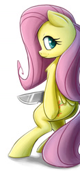 Size: 923x1975 | Tagged: safe, artist:ikarooz, imported from derpibooru, fluttershy, pegasus, pony, atg 2020, bipedal, butt, chest fluff, female, knife, looking at you, looking back, looking back at you, mare, newbie artist training grounds, plot, profile, simple background, smiling, solo, white background