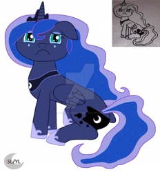 Size: 1920x2067 | Tagged: safe, artist:celestiaisbestponyyt, artist:princesslunayay, imported from derpibooru, princess luna, alicorn, pony, art, colored, colored sketch, crown, crying, cute, deviantart, deviantart watermark, female, floppy ears, hoof shoes, jewelry, logo, looking at you, lunabetes, mare, necklace, obtrusive watermark, regalia, sad, sadorable, simple background, sitting, solo, teary eyes, watermark, white background