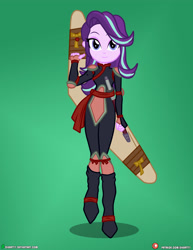 Size: 3090x4000 | Tagged: safe, artist:dieart77, imported from derpibooru, starlight glimmer, equestria girls, anime, boomerang, clothes, commission, cosplay, costume, green background, inuyasha, kelly sheridan, sango, simple background, solo, voice actor joke, weapon