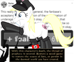 Size: 813x683 | Tagged: safe, imported from derpibooru, oc, oc:aryanne, earth pony, pony, derpibooru, the end of derpibooru, boots, drama, fireproof boots, hat, meta, morrowind, nazi, shoes, smiling, solo, swastika, text, the elder scrolls, twitter