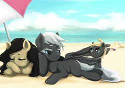 Size: 3072x2170 | Tagged: safe, artist:ottava, imported from derpibooru, oc, oc only, earth pony, pegasus, pony, ambiguous gender, beach, beach umbrella, cloud, female, filly, hoof on cheek, mare, oc name needed, relaxing, sandcastle, sky, water