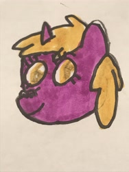 Size: 4032x3024 | Tagged: safe, artist:whistle blossom, imported from derpibooru, dinky hooves, pony, unicorn, bust, cute, dinkabetes, female, filly, foal, head only, marker drawing, simple background, smiling at you, solo, traditional art, white background