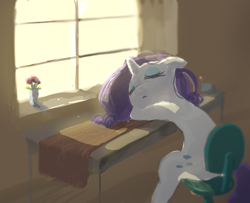 Size: 1448x1178 | Tagged: safe, artist:fuyugi, artist:nendo, imported from derpibooru, rarity, pony, unicorn, chair, eyes closed, female, floppy ears, flower, sleeping, solo, window