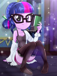 Size: 1800x2400 | Tagged: safe, artist:artmlpk, imported from derpibooru, sci-twi, twilight sparkle, equestria girls, adorable face, adorasexy, adorkable, alternate hairstyle, bare chest, bare shoulders, beautiful, book, breasts, cleavage, clothes, coat, confused, cute, digital art, dork, female, glasses, hair bun, lab coat, looking at you, meganekko, nerd, sexy, shirt, shorts, sitting, smiling, smiling at you, socks, solo, studying, t-shirt, thigh highs, thighs, topless, watermark