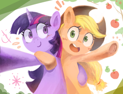 Size: 1700x1300 | Tagged: safe, artist:fuyugi, artist:nendo, imported from derpibooru, applejack, twilight sparkle, earth pony, unicorn, applejack's hat, blushing, cowboy hat, cute, duo, hat, jackabetes, open mouth, selfie, twiabetes, unicorn twilight