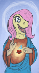 Size: 680x1256 | Tagged: safe, artist:t72b, imported from derpibooru, fluttershy, oc, oc:raptorshy, velociraptor, derpibooru, the end of derpibooru, jesus christ, martyr, meta, not sure if op is trying to start shit, raptor jesus, rest in peace, veloshyraptor