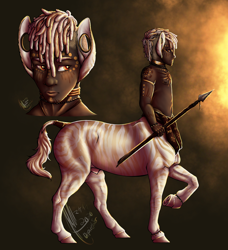 Size: 1870x2048 | Tagged: safe, artist:depixelator, imported from derpibooru, centaur, taur, zebra, african, anklet, big ears, bodypaint, commission, custom, dreadlocks, dreads, ear piercing, face paint, gauges, glow, glowing, glowy, gold, gold rings, golden, golden zebra, irl, jewelry, photo, piercing, red eyes, ring, shading, spear, stripes, toy, tribal, weapon, white hair