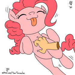 Size: 1000x1000 | Tagged: safe, artist:tomtornados, imported from derpibooru, pinkie pie, earth pony, behaving like a dog, bellyrubs, cute, diapinkes, disembodied hand, eyes closed, female, hand, simple background, tickling, tongue out, white background