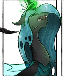 Size: 982x1173 | Tagged: safe, alternate version, artist:theheioslair, imported from derpibooru, queen chrysalis, changeling, changeling queen, bust, crown, female, glowing horn, horn, jewelry, open mouth, regalia, solo