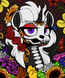 Size: 700x840 | Tagged: safe, artist:redruin01, imported from derpibooru, oc, oc only, oc:s.leech, pony, unicorn, dia de los muertos, dio de los muertos, face paint, flower, lidded eyes, simple background, smiling