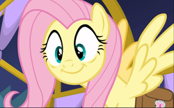 Size: 1519x940 | Tagged: safe, imported from derpibooru, screencap, fluttershy, pegasus, pony, a health of information, bag, bags under eyes, cropped, eager, female, looking at someone, mare, saddle bag, smiling, solo, spread wings