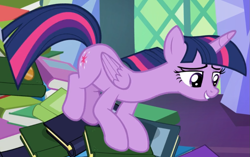 Size: 1065x667 | Tagged: safe, imported from derpibooru, screencap, twilight sparkle, alicorn, pony, a health of information, season 7, book, cropped, female, lidded eyes, sliding, smiling, solo, twilight sparkle (alicorn)