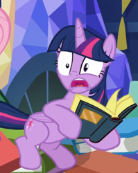 Size: 516x648 | Tagged: safe, imported from derpibooru, screencap, twilight sparkle, alicorn, pony, a health of information, book, cropped, female, mare, mawshot, open mouth, solo, startled, twilight sparkle (alicorn), uvula