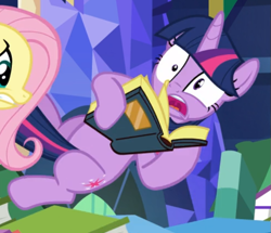 Size: 641x552 | Tagged: safe, imported from derpibooru, screencap, fluttershy, twilight sparkle, alicorn, a health of information, book, cropped, female, shrunken pupils, solo focus, startled, twilight sparkle (alicorn)