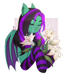 Size: 2360x2800 | Tagged: safe, artist:kucy, imported from derpibooru, oc, oc only, oc:mintybatty, bat pony, pony, clothes, crying, flower, socks, solo, striped socks