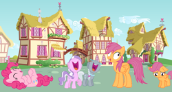 Size: 1024x549 | Tagged: safe, artist:luckreza8, artist:scootabuser, editor:scootabuser, imported from derpibooru, diamond tiara, pinkie pie, rainbow dash, scootaloo, silver spoon, abuse, bully, bullying, derp, laughing, palette swap, pinkie prick, rainbow douche, recolor, scootabuse