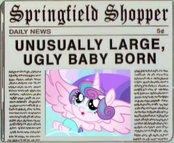 Size: 720x589 | Tagged: safe, artist:wrath-marionphauna, edit, edited screencap, imported from derpibooru, screencap, princess flurry heart, alicorn, pony, blackletter, drama, female, flurry heart drama, meme, newspaper, newspaper headline, op is a duck, op is trying to start shit, solo, spread wings, the simpsons, wings