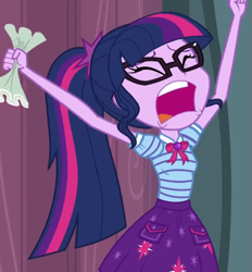 Size: 665x718 | Tagged: safe, imported from derpibooru, screencap, sci-twi, twilight sparkle, equestria girls, equestria girls series, stressed in show, armpits, arms in the air, bowtie, clothes, cropped, crumbled paper, cutie mark on clothes, eyes closed, female, geode of telekinesis, glasses, hands in the air, jewelry, magical geodes, open mouth, panicking, pendant, polo shirt, ponytail, screaming, script, skirt, solo, volumetric mouth