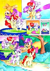 Size: 2290x3258 | Tagged: safe, artist:liaaqila, imported from derpibooru, apple bloom, scootaloo, sweetie belle, earth pony, pegasus, pony, unicorn, comic:fly high scoots, apple bloom's bow, bow, cute, cutealoo, cutie mark crusaders, dialogue, diving, hair bow, scootaloo can fly, scootalove, slime, speech bubble, splashing, swimming pool, traditional art, tree, trio