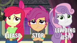 Size: 1280x720 | Tagged: safe, edit, edited screencap, imported from derpibooru, screencap, apple bloom, scootaloo, sweetie belle, equestria girls, equestria girls series, happily ever after party, caption, comments locked down, cutie mark crusaders, happily ever after party: rainbow dash, image macro, implied lolicon, lewd, mouthpiece, op is trying too hard, please stop, text, trio