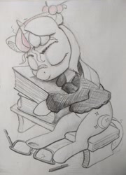 Size: 648x900 | Tagged: safe, artist:ponsce, imported from derpibooru, moondancer, pony, unicorn, book, broken glasses, cute, dancerbetes, female, glasses, mare, sleeping, solo, traditional art