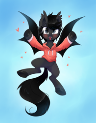 Size: 1464x1864 | Tagged: safe, artist:confetticakez, imported from derpibooru, oc, oc only, oc:tar puddle, bat pony, pony, abstract background, clothes, cute, cute little fangs, fangs, female, flying, hoodie, mare, ocbetes, solo