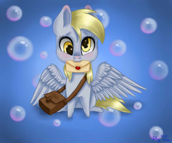 Size: 600x500 | Tagged: safe, artist:nastya-lazy-cat, imported from derpibooru, derpy hooves, pegasus, pony, female, gradient background, letter, mare, mouth hold, solo