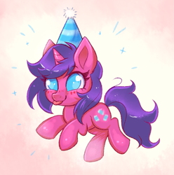 Size: 1139x1148 | Tagged: safe, artist:confetticakez, imported from derpibooru, oc, oc only, oc:fizzy pop, pony, unicorn, :p, abstract background, birthday, chibi, cute, female, hat, mare, ocbetes, party hat, solo, tongue out