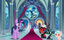 Size: 1234x766 | Tagged: safe, artist:php11, artist:swiftgaiathebrony, artist:zutheskunk edits, imported from derpibooru, cozy glow, lord tirek, princess celestia, princess luna, queen chrysalis, twilight sparkle, a better ending for chrysalis, a better ending for cozy, a better ending for tirek, age regression, baby, baby chrysalis, baby tirek, castle, cozybetes, cute, cutealis, diaper, foal, pacifier, pigtails, tirebetes